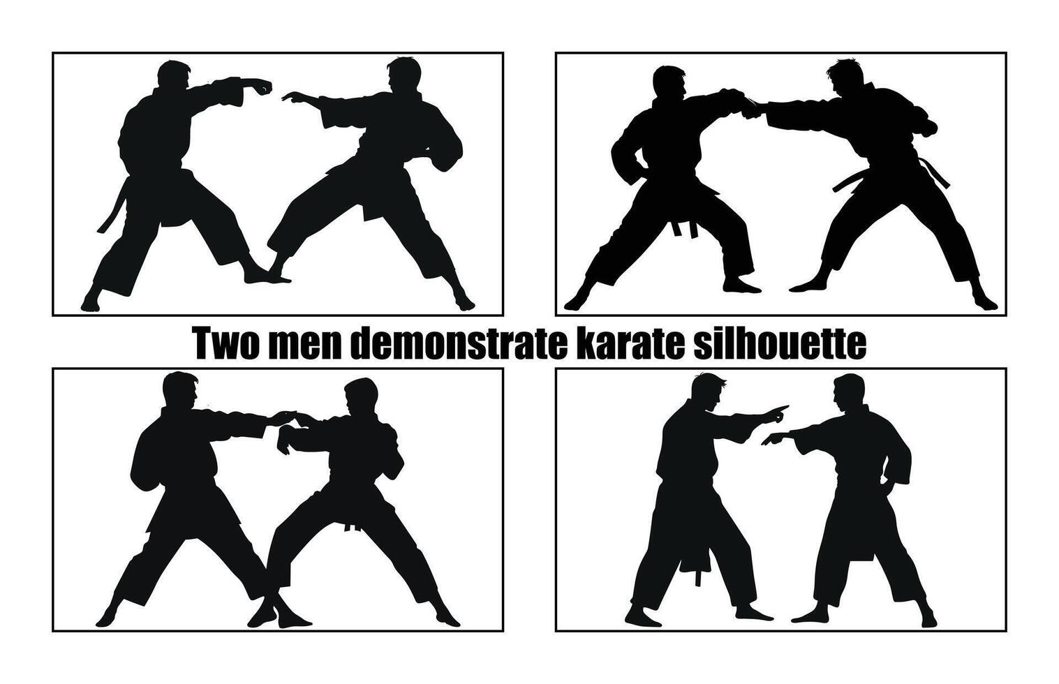 hiéroglyphe de karaté et deux Hommes démontrant karaté ensemble, martial art deux Masculin silhouettes ensemble vecteur