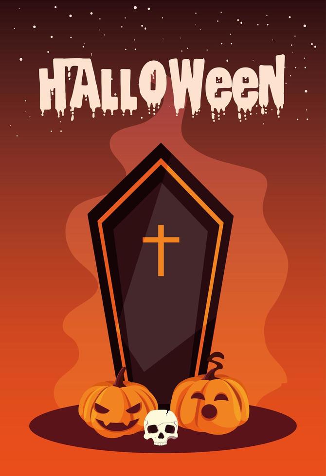 affiche d'halloween avec cercueil et icônes vecteur
