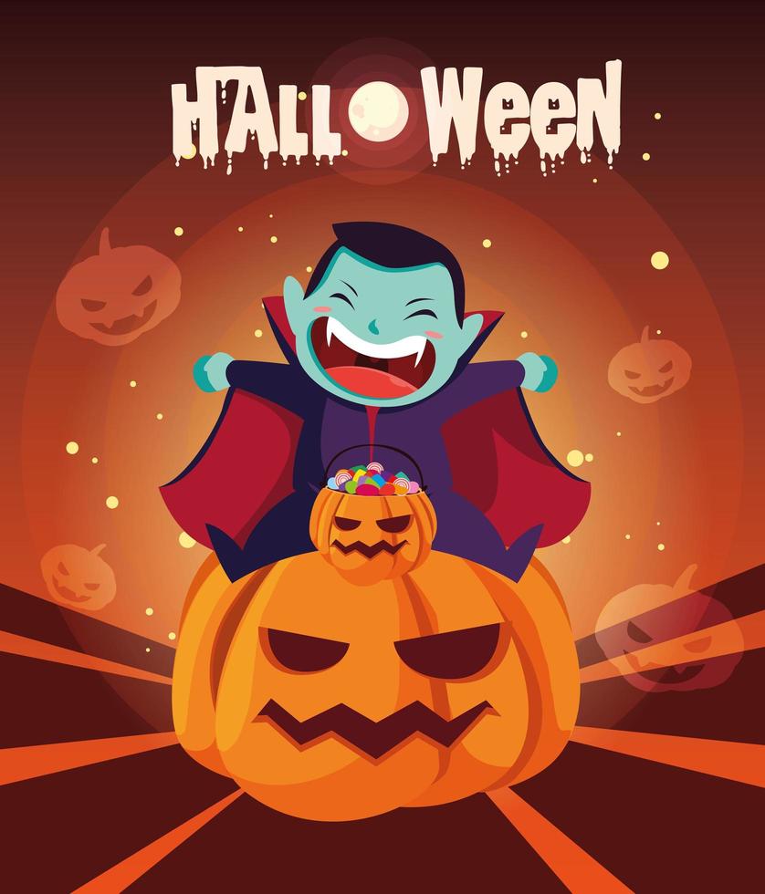 affiche halloween avec garçon déguisé en vampire vecteur
