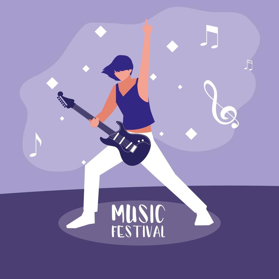 affiche du festival de musique avec une femme jouant de la guitare électrique vecteur