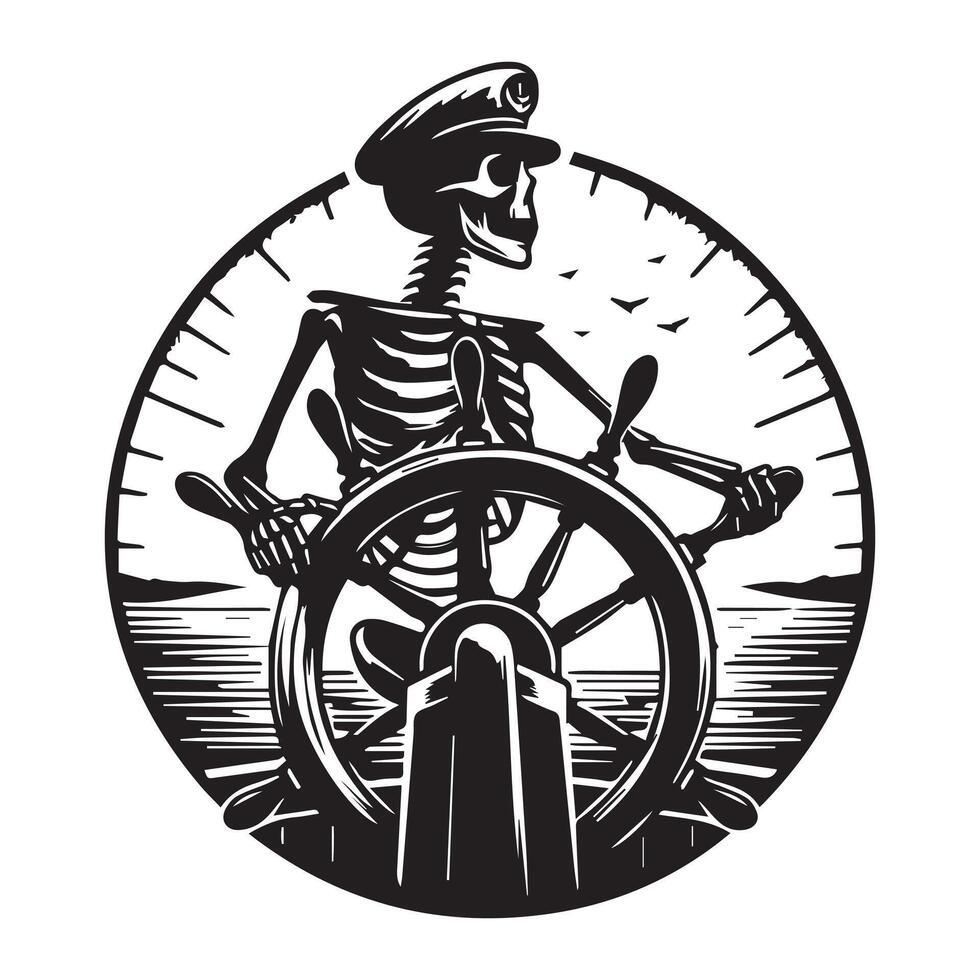 illustration de une marin squelette à le barre de une navire dans noir et blanc vecteur