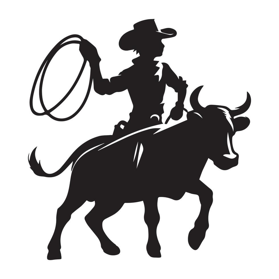 cow-boy vache avec une lasso silhouette sur une blanc Contexte vecteur