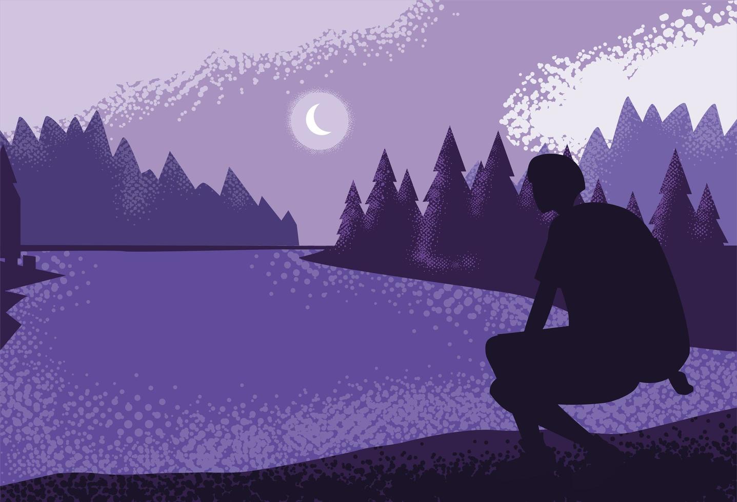 homme voyageur dans paysage nature violet vecteur