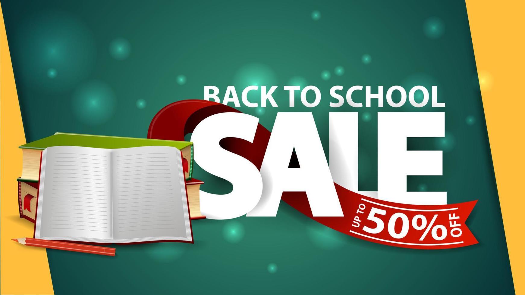 vente de retour à l'école, bannière web verte avec manuels scolaires et cahier vecteur