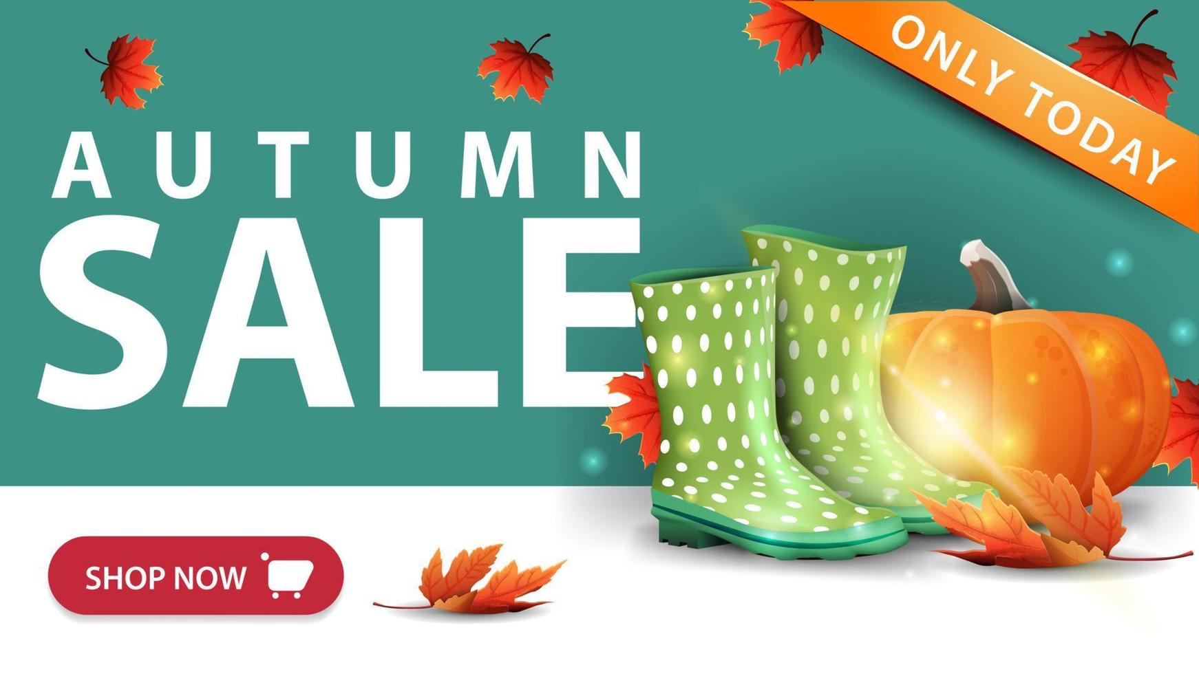 vente d'automne, bannière de remise verte moderne avec bouton, bottes en caoutchouc et citrouille vecteur