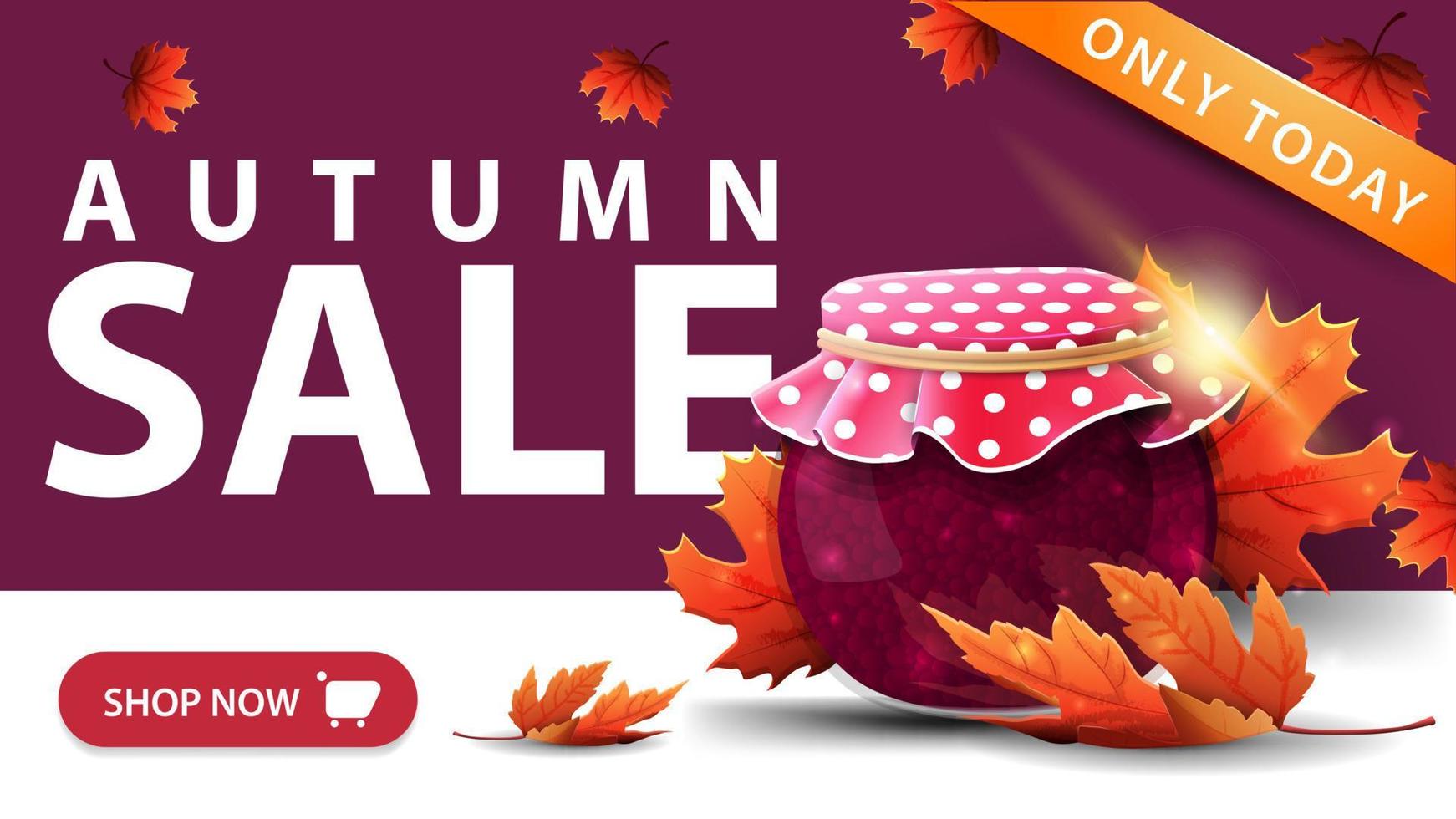 vente d'automne, bannière de remise violette moderne avec bouton, pot de confiture et feuilles d'érable vecteur