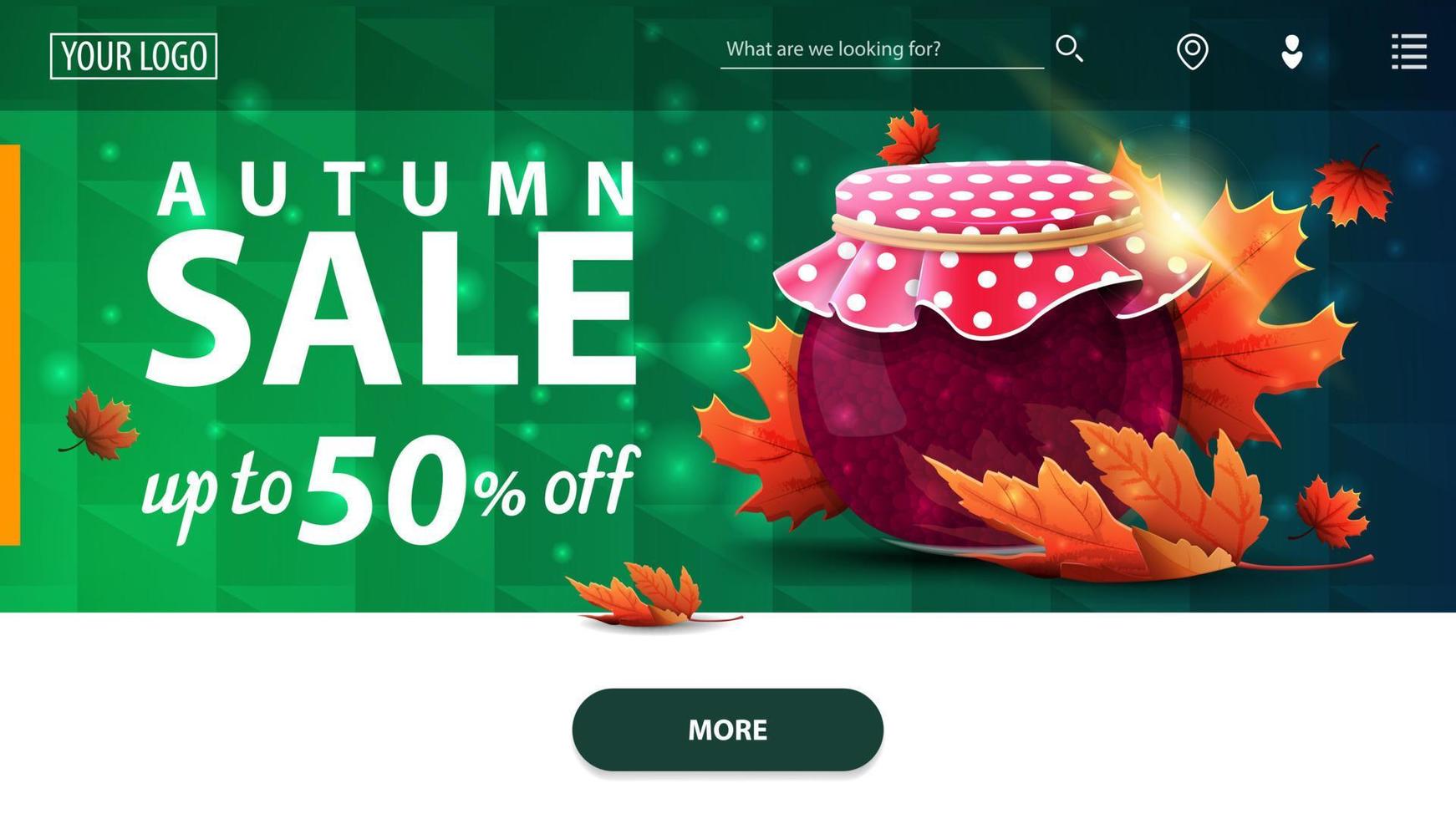 vente d'automne, bannière web horizontale verte moderne avec pot de confiture et feuilles d'érable vecteur
