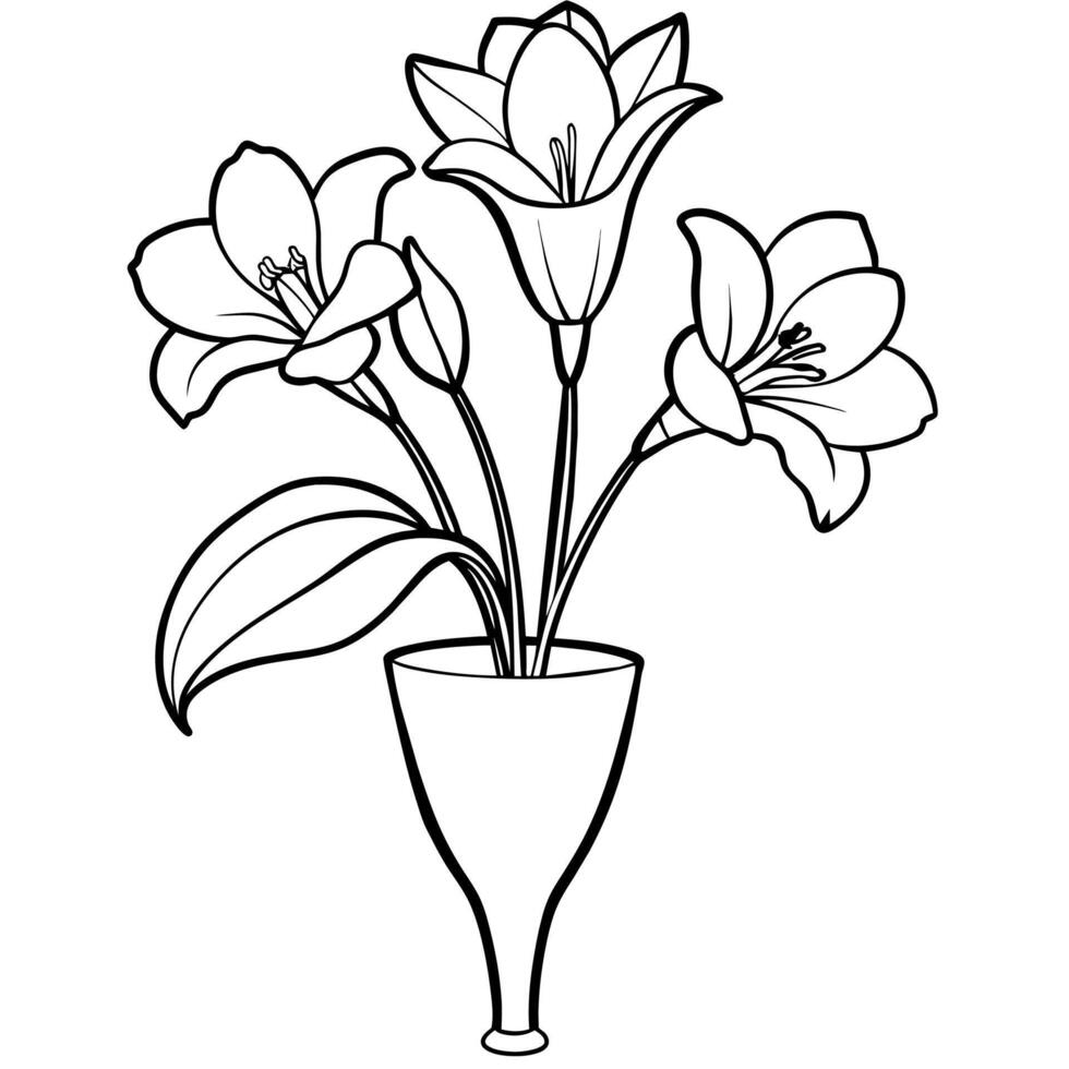 freesia fleur sur le vase contour illustration coloration livre page conception, freesia fleur sur le vase noir et blanc ligne art dessin coloration livre pages pour les enfants et adultes vecteur