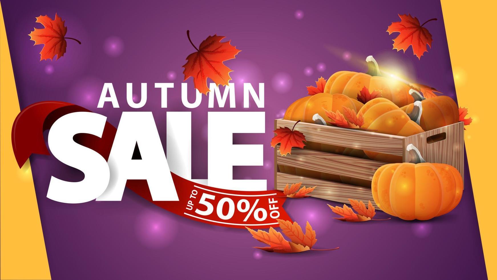 vente d'automne, bannière web violette avec des caisses en bois de citrouilles mûres et des avant-toits d'automne vecteur
