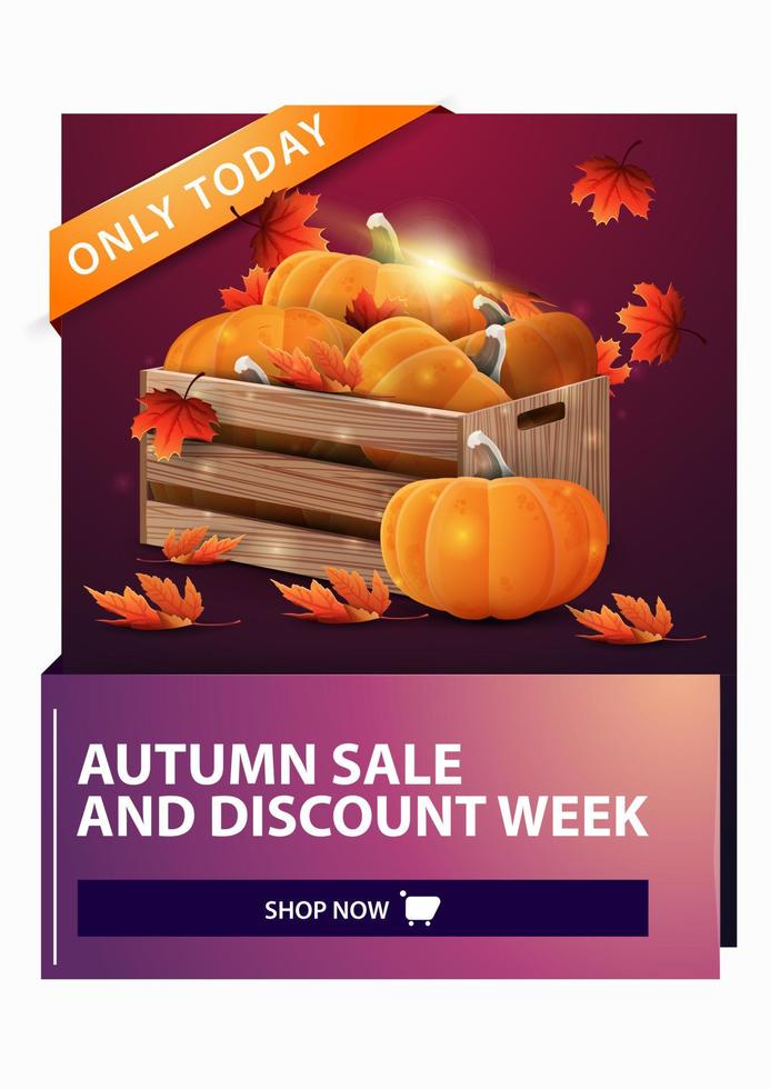 vente d'automne, bannière web verticale à prix réduit avec des caisses en bois de citrouilles mûres et des avant-toits d'automne vecteur