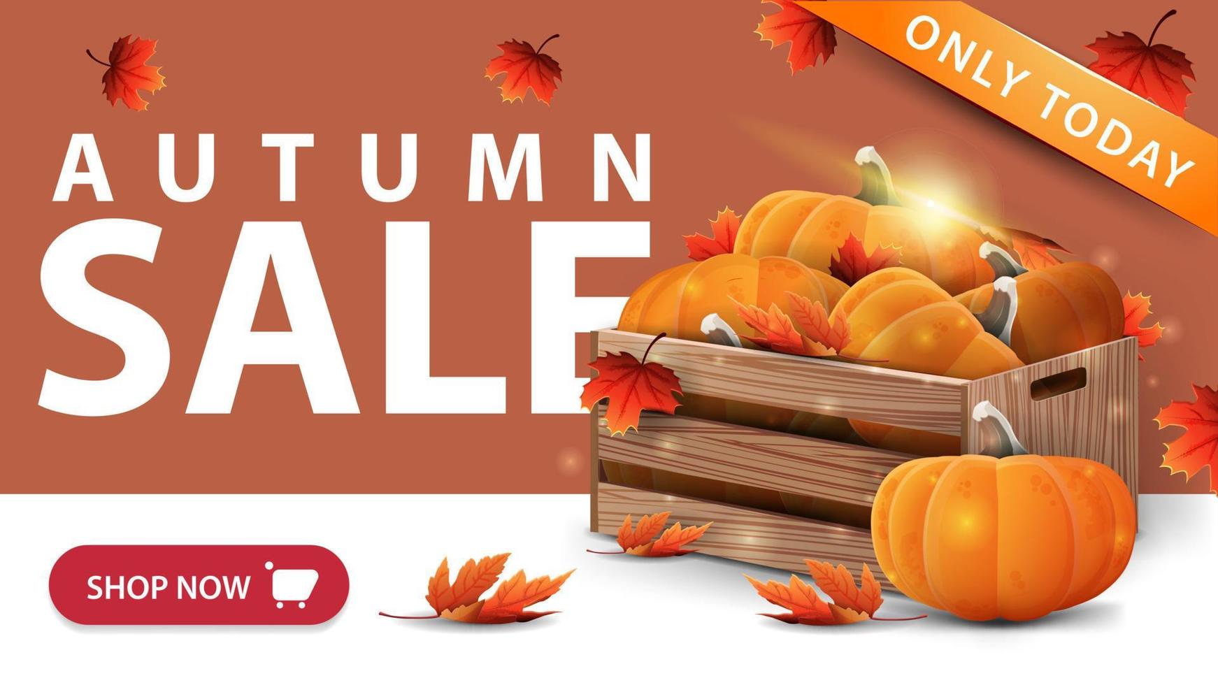 vente d'automne, bannière de remise orange moderne avec bouton, caisses en bois de citrouilles mûres et avant-toits d'automne vecteur