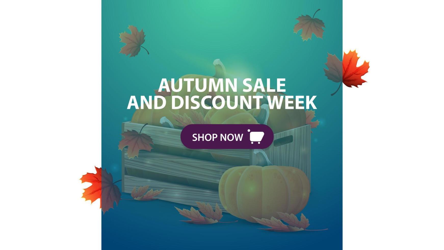 vente d'automne et semaine de remise, bannière web horizontale de remise bleue avec des caisses en bois de citrouilles mûres et d'avant-toit d'automne vecteur