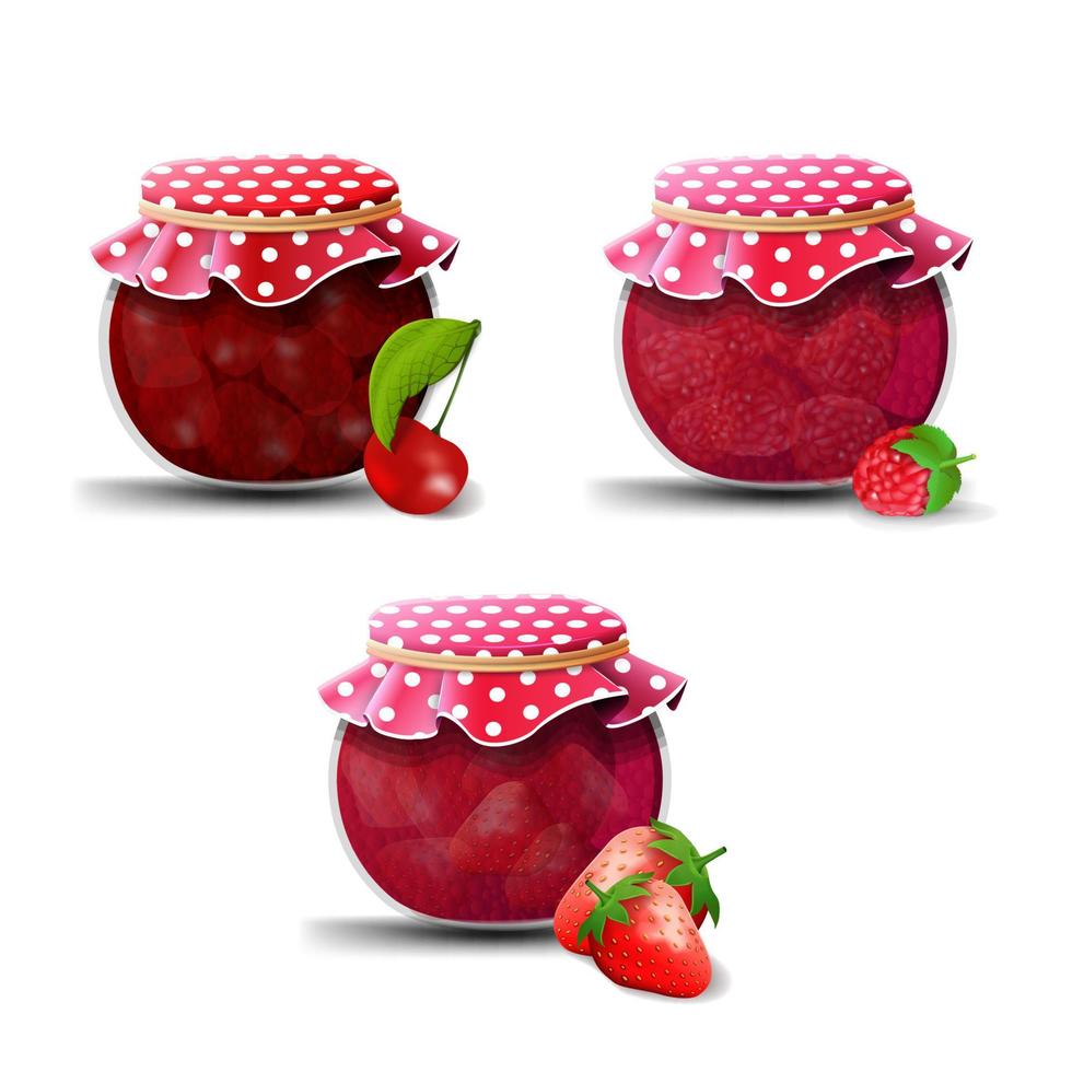 confiture de fraises, de framboises et de cerises isolée sur fond blanc pour votre créativité. vecteur