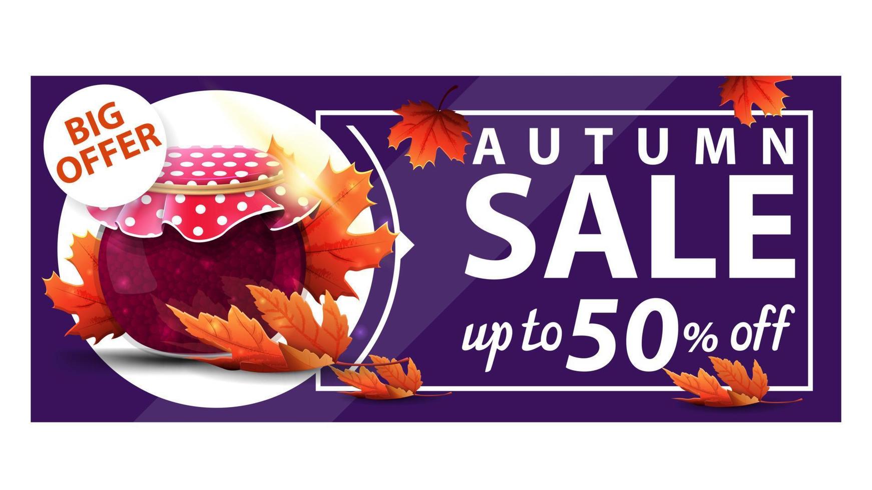 vente d'automne, jusqu'à 50 % de réduction, bannière web à prix réduit violet avec pot de confiture et feuilles d'érable vecteur