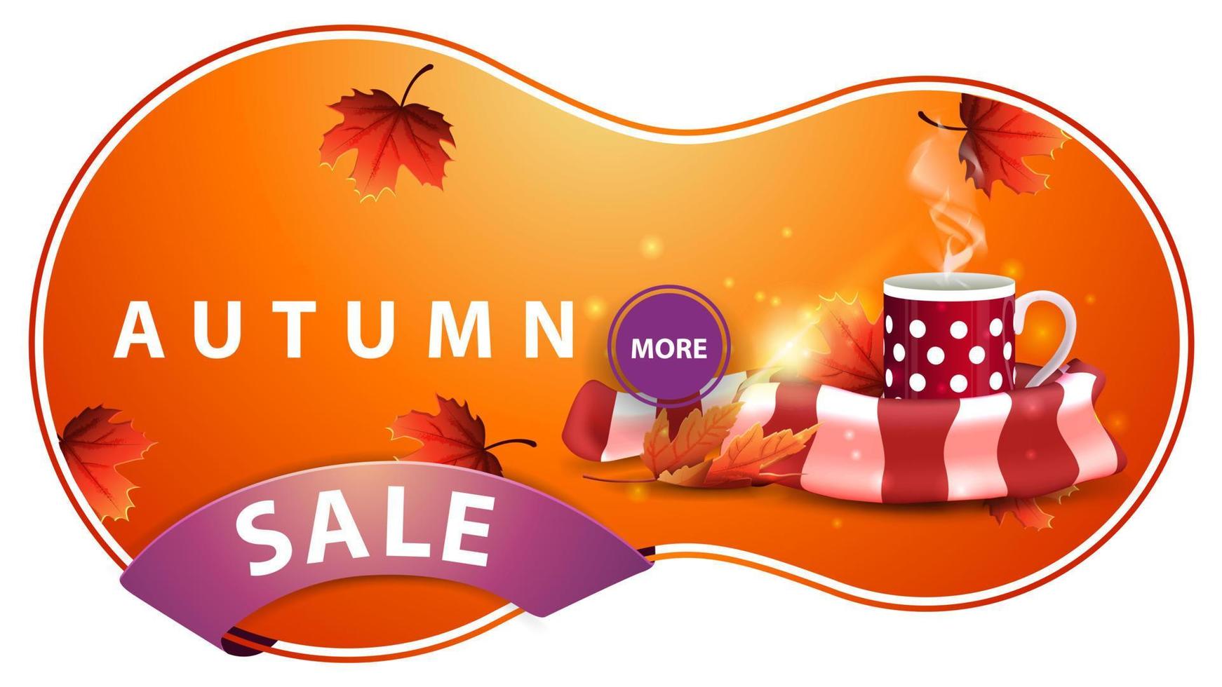 vente d'automne, bannière de remise orange moderne avec tasse de thé chaud et écharpe chaude vecteur