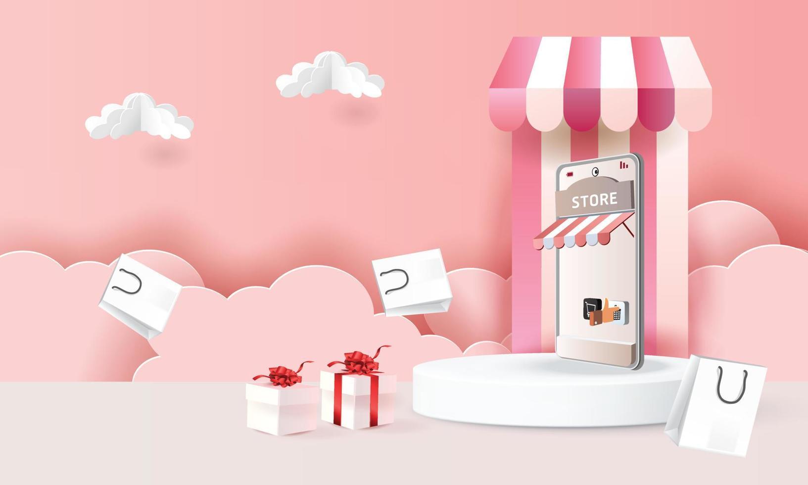 papier art shopping en ligne sur smartphone et nouveau fond rose de promotion de vente d'achat pour le concept de femmes de commerce électronique du marché des bannières. vecteur