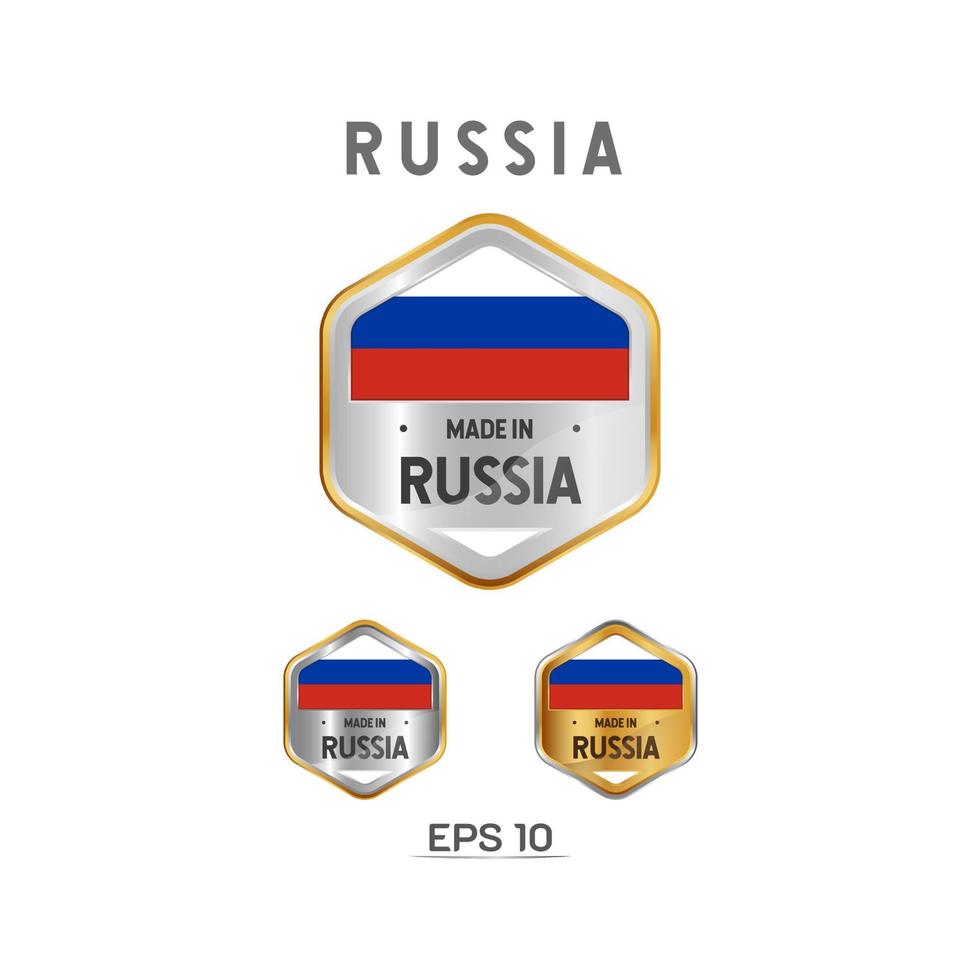 fabriqué en russie étiquette, timbre, badge ou logo. avec le drapeau national de la Russie. sur les couleurs platine, or et argent. emblème premium et luxe vecteur