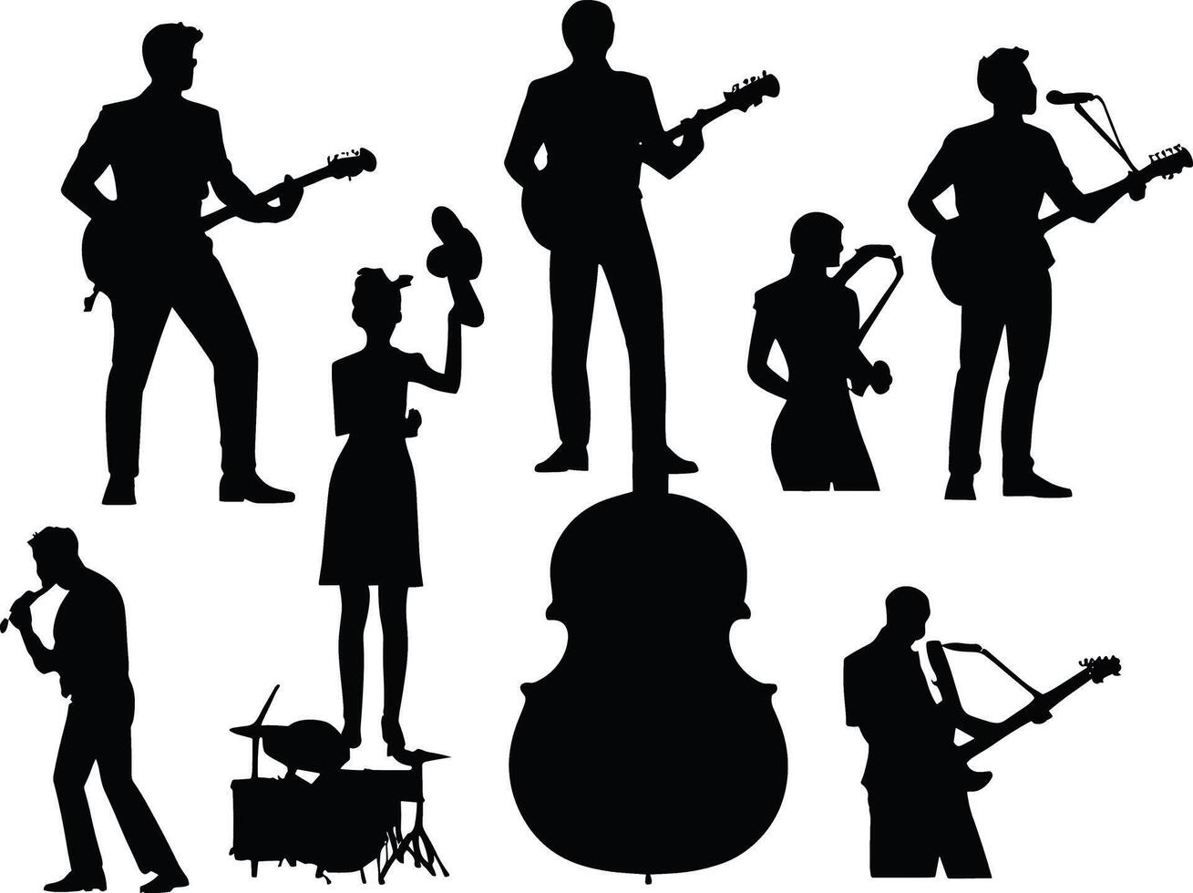 ensemble de silhouettes de les musiciens sur une blanc Contexte. illustration vecteur