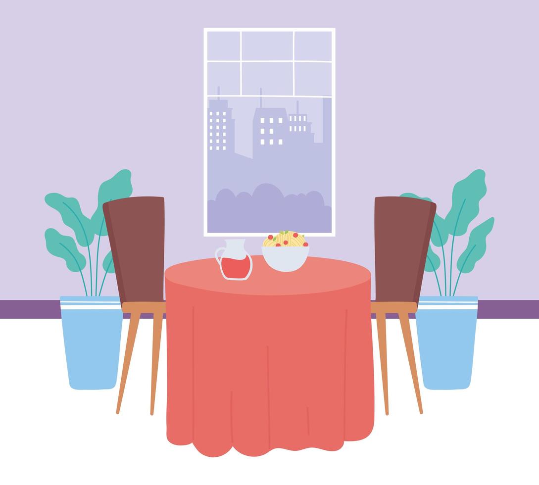 Table intérieure de restaurant avec nourriture et boisson, chaises de fenêtre et décoration de plantes vecteur
