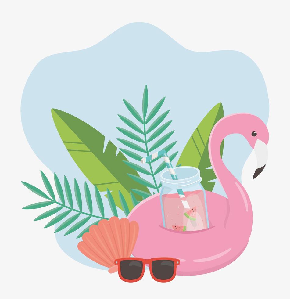 Voyage d'été et vacances float flamingo lunettes de soleil shell feuillage tropical vecteur