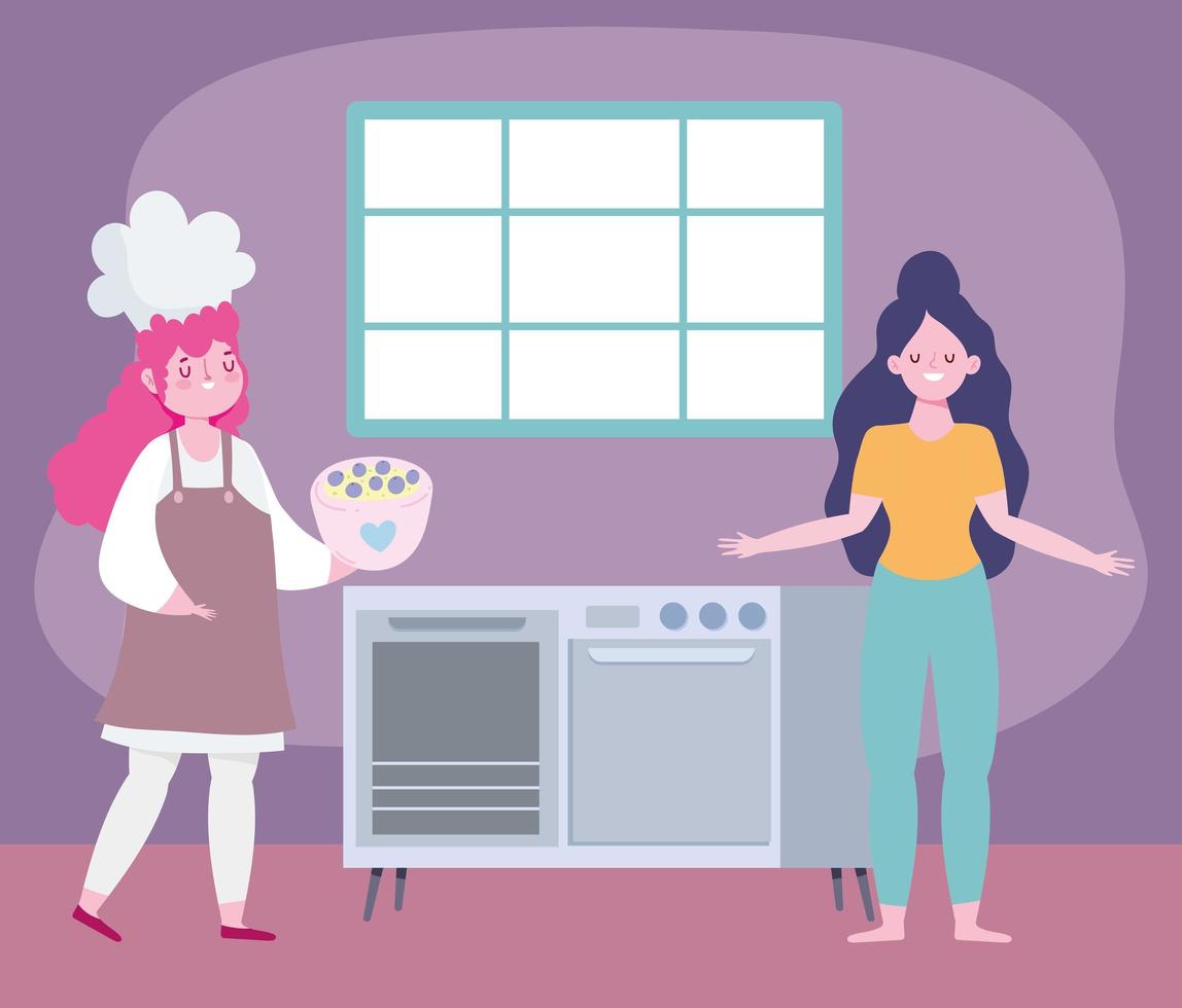 rester à la maison, femme chef et fille dans le dessin animé de cuisine, activités de quarantaine vecteur