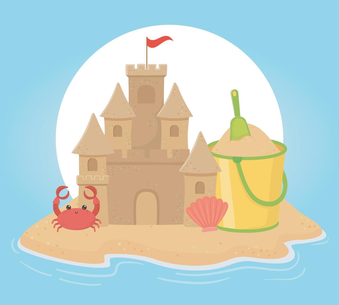 voyage d'été et vacances château de sable seau pelle crabe et coquillage vecteur