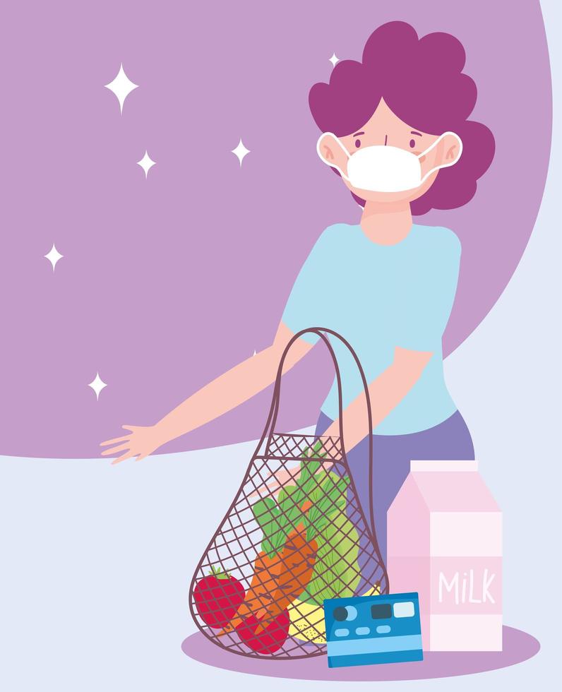 marché en ligne, client avec masque sac écologique carte de crédit, livraison de nourriture en épicerie vecteur