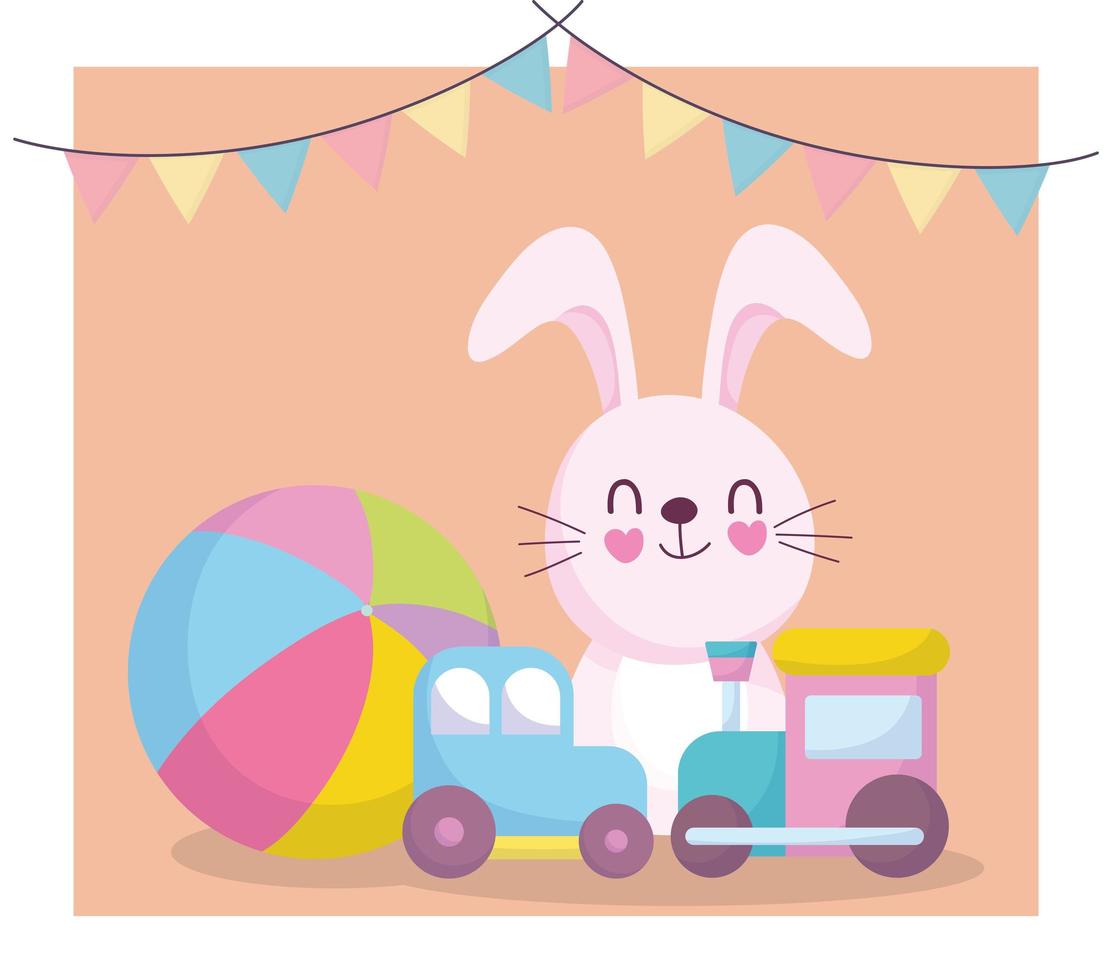 douche de bébé, lapin mignon avec train de voiture et jouets de balle, annoncer la carte de bienvenue du nouveau-né vecteur