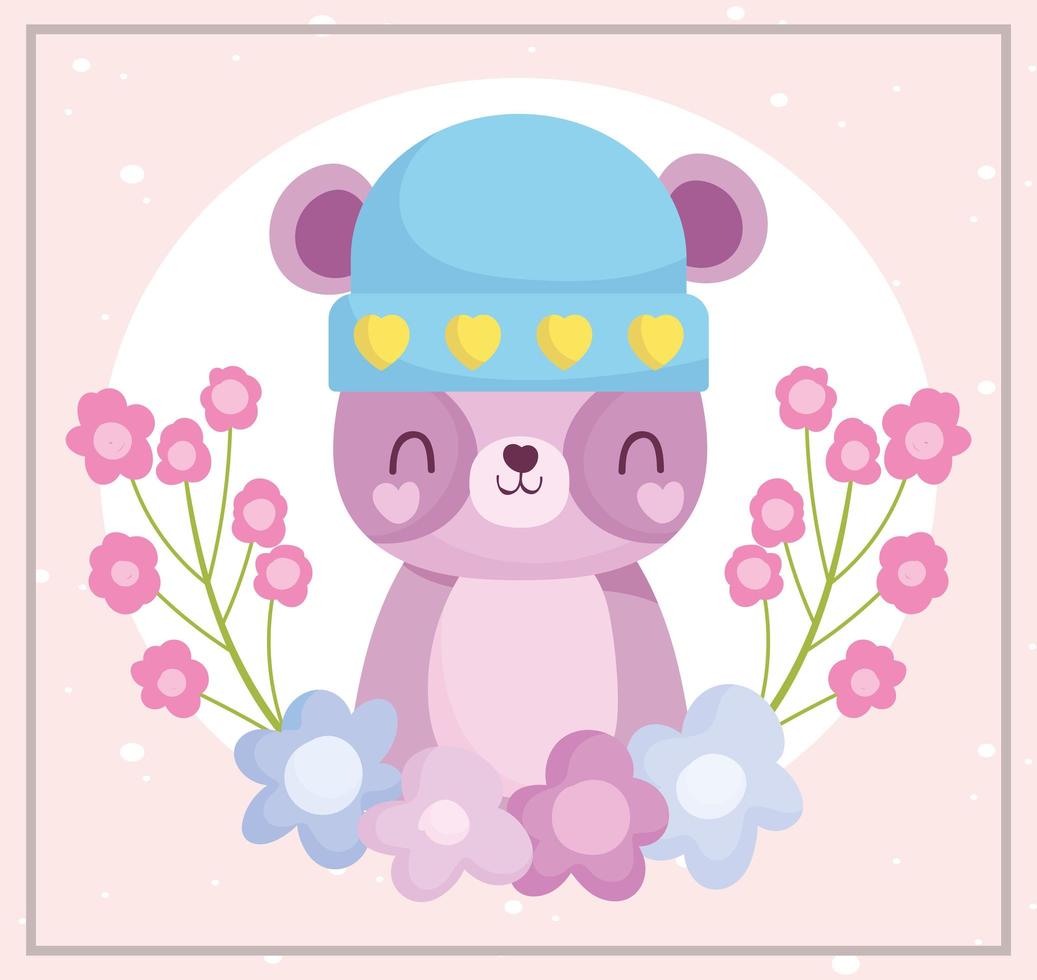 douche de bébé, ours en peluche mignon avec dessin animé de décoration de chapeau et de fleurs, annoncer la carte de bienvenue du nouveau-né vecteur