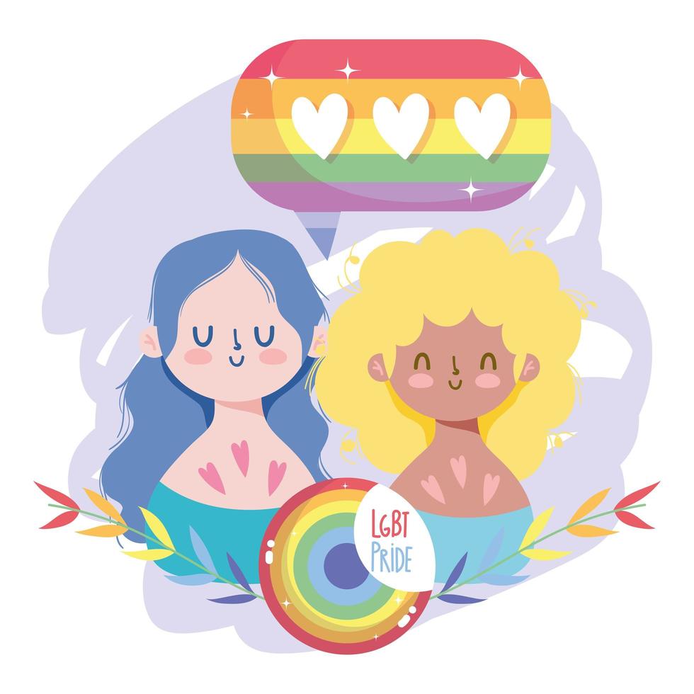 dessins animés de filles avec des feuilles de timbre de sceau lgtbi et conception de vecteur de bulle de coeurs