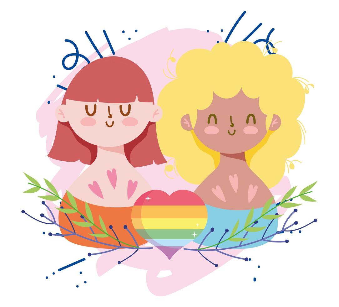 dessins animés de filles avec coeur lgtbi et feuilles de dessin vectoriel