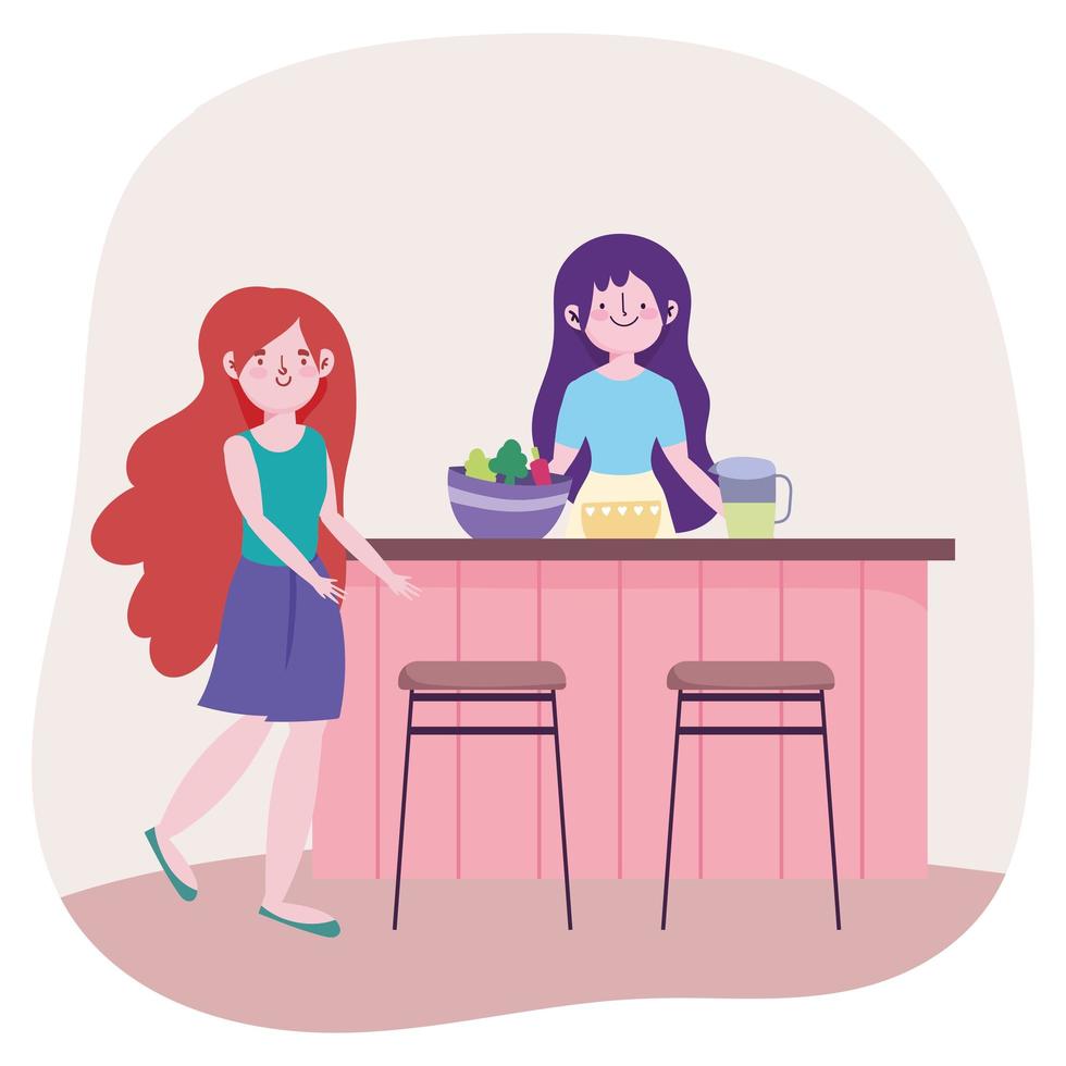 les gens cuisinent, les filles avec un bol de jus de fruits sur le comptoir de la cuisine vecteur