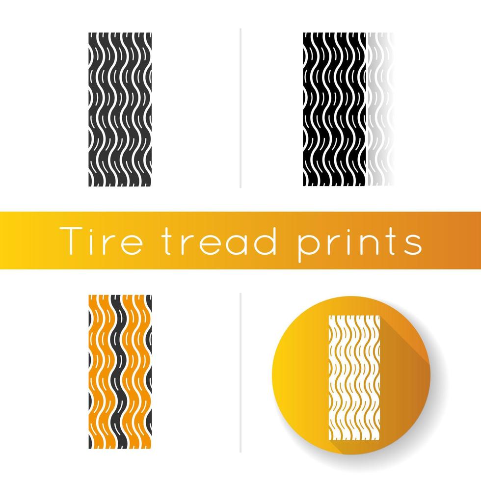 icône de bande de roulement de pneu. automobile détaillée, marques de pneus en forme de vague de moto. trace de roue de voiture avec de fines rainures. piste de pneu de véhicule. styles de couleurs linéaires noir et rvb. illustrations vectorielles isolées vecteur