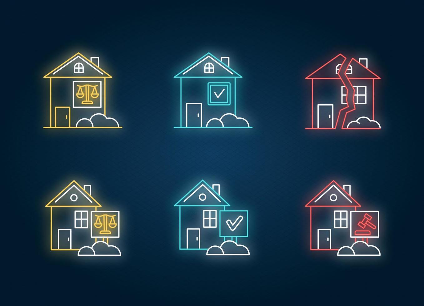 L'immobilier compte ensemble d'icônes de néon. litige juridique de location. contentieux immobilier. procès immobilier. contrat de location. signes avec effet lumineux extérieur. illustrations de couleur rgb vecteur isolé