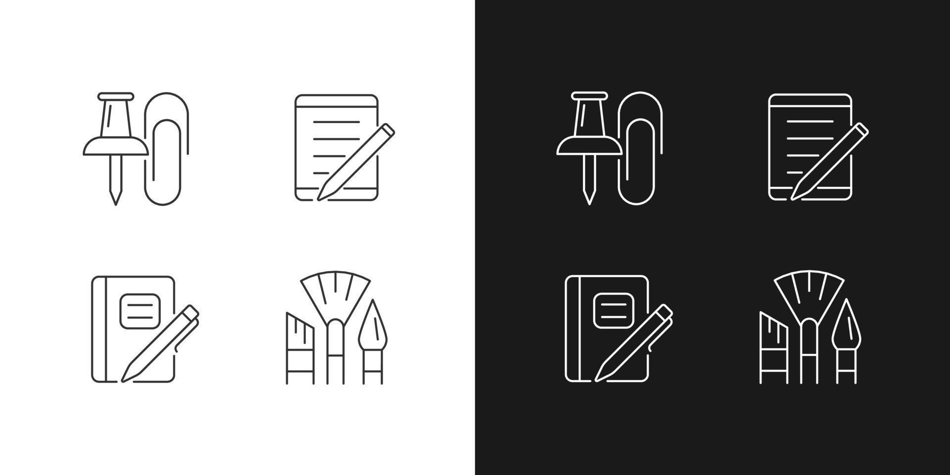 icônes linéaires de papeterie scolaire définies pour le mode sombre et clair. épingles et trombones. livre de composition graphique. symboles de ligne mince personnalisables. illustrations de contour de vecteur isolé. trait modifiable