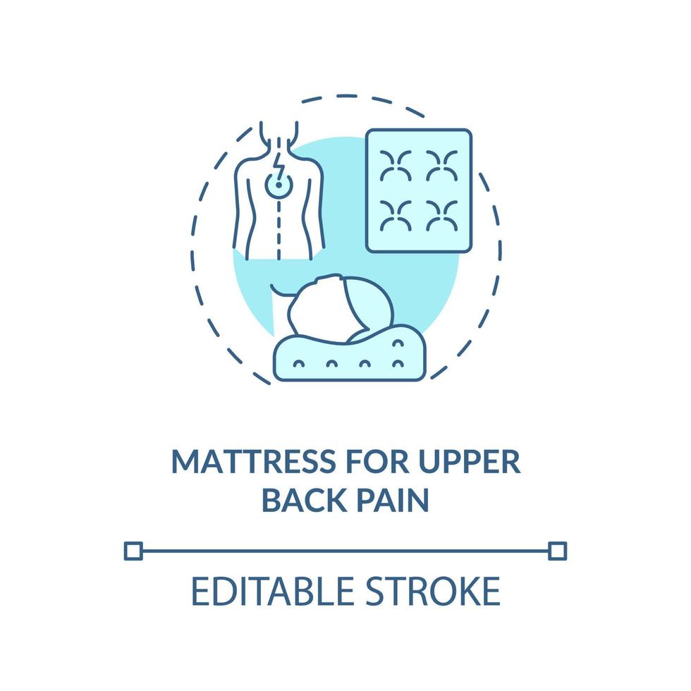 matelas pour l'icône de concept bleu de la douleur dans le haut du dos. mal de cou réduisant l'illustration de la ligne mince de l'idée abstraite. matelas et oreiller orthopédiques. dessin de couleur de contour isolé de vecteur. trait modifiable vecteur