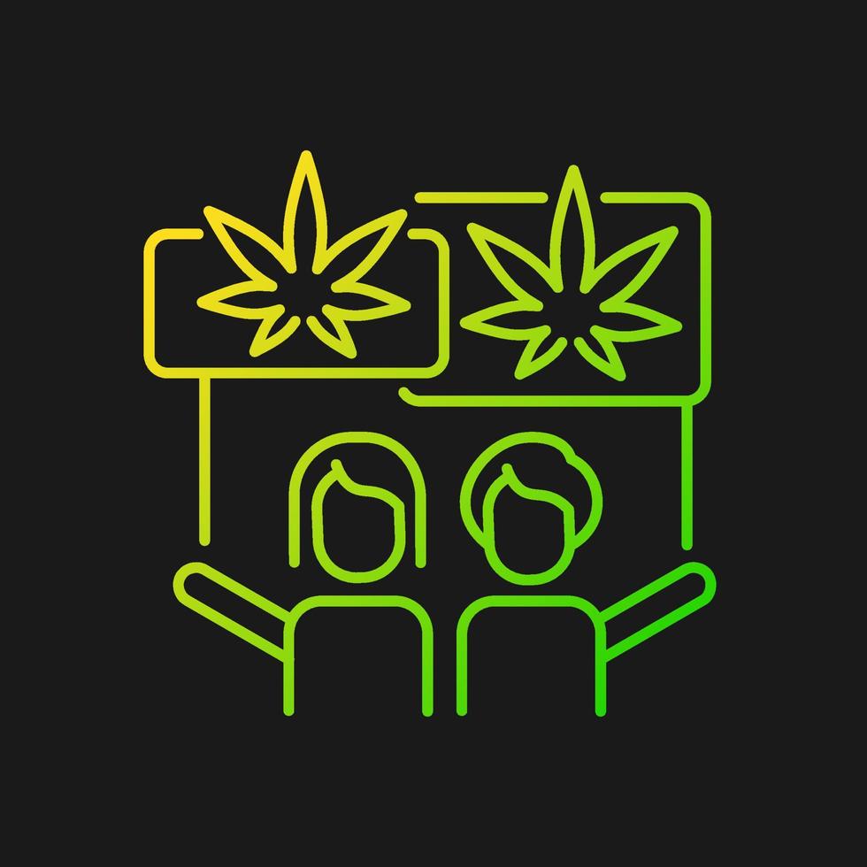 icône de vecteur de gradient de protestation de légalisation de marijuana pour le thème foncé. mouvement pour les droits du cannabis. activistes de la marijuana. symbole de couleur de ligne mince. pictogramme de style moderne. dessin de contour isolé de vecteur