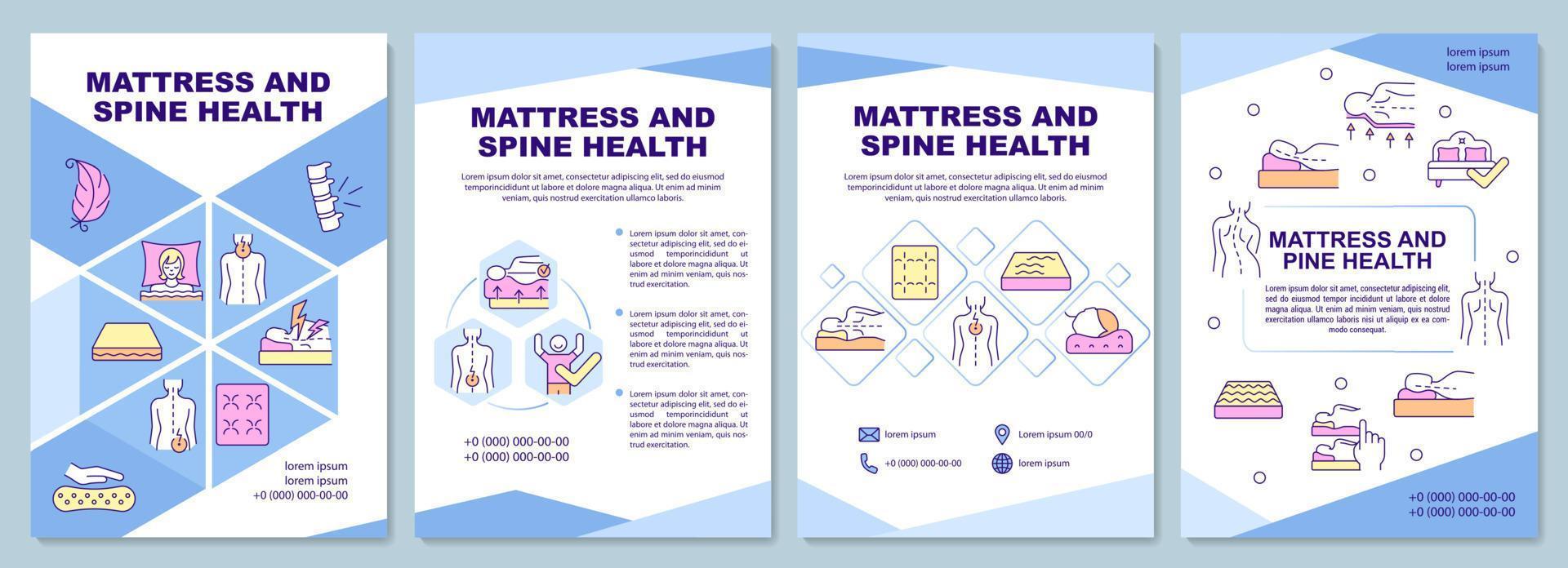 modèle de brochure sur la santé du matelas et de la colonne vertébrale. soulagement des maux de dos. flyer, brochure, impression de dépliant, conception de la couverture avec des icônes linéaires. mises en page vectorielles pour présentation, rapports annuels, pages de publicité vecteur