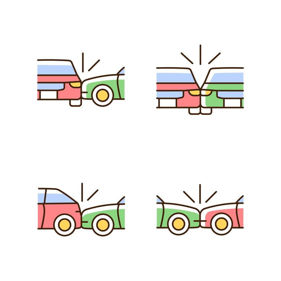 le véhicule se bloque ensemble d'icônes de couleur rvb. collision t-os. accident de voiture de côté. frapper l'auto par derrière. Conduite distraite. illustrations vectorielles isolées. collection de dessins au trait remplis simples vecteur