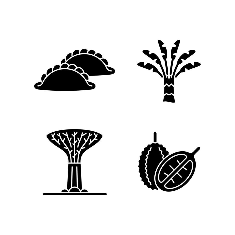 plantes à singapour icônes de glyphe noir sur un espace blanc. palmier voyageur. bosquet de superarbres. feuilleté au curry. cuisine singapourienne. fruits tropicaux durian. symboles de silhouette. illustration vectorielle isolée vecteur