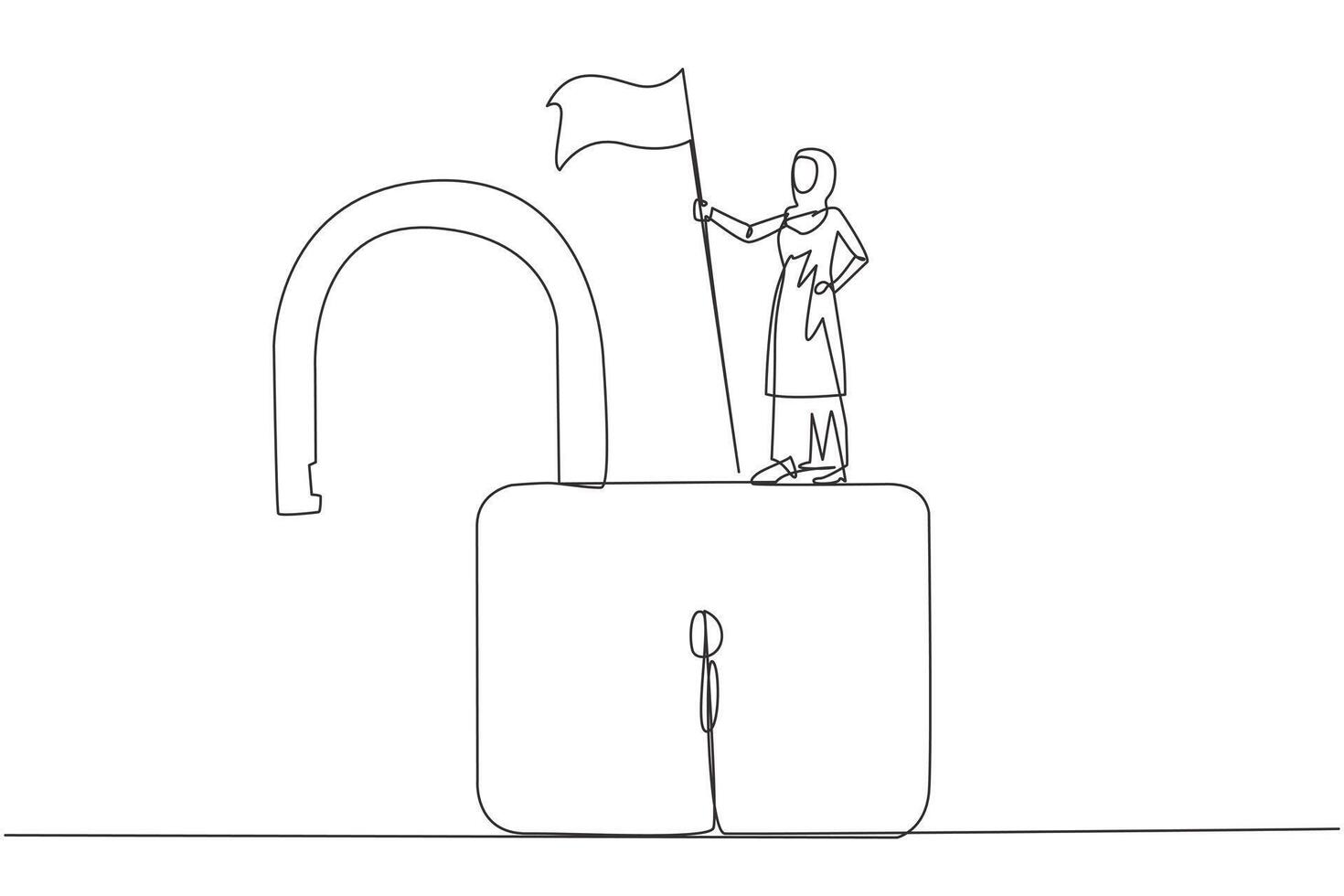 Célibataire continu ligne dessin de arabe femme d'affaires permanent sur géant ouvert cadenas en portant drapeau. réussi femme d'affaires trouver échappatoires dans une la toile à pirater il. vulnérable sécurité. un ligne vecteur