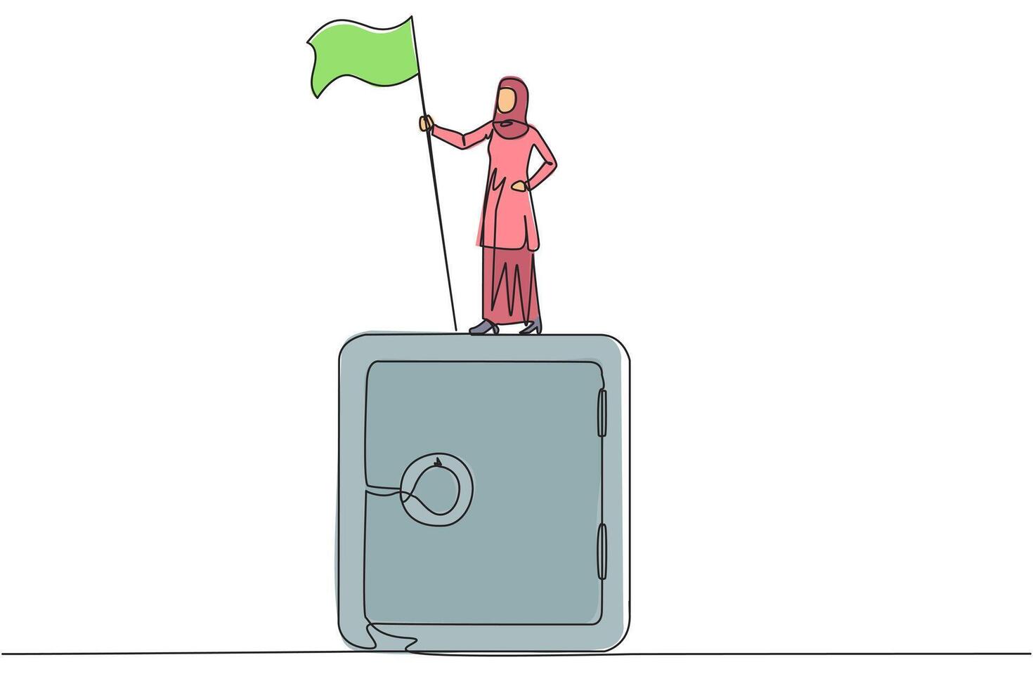 Célibataire continu ligne dessin arabe femme d'affaires permanent sur géant sûr dépôt boîte en portant drapeau. le importance de en gardant les documents affaires dans une sûr lieu. un ligne conception illustration vecteur