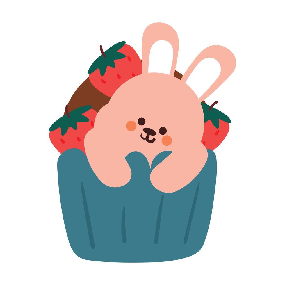 main dessin dessin animé petit gâteau avec lapin et fraise. mignonne nourriture et animal griffonnage pour icône et autocollant vecteur