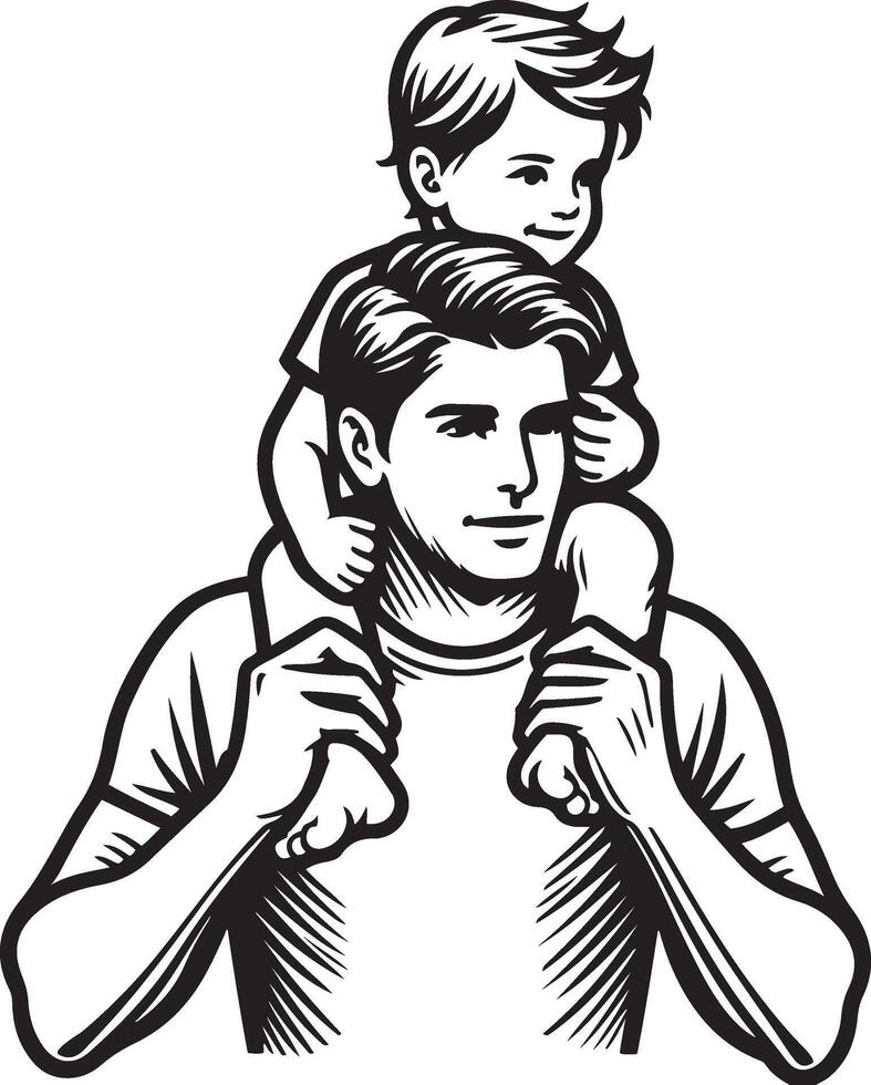 père en portant le sien content enfant sur le sien épaules. content père journée symbole. illustration de papa et enfant. père avec le sien fils sur blanc Contexte. vecteur
