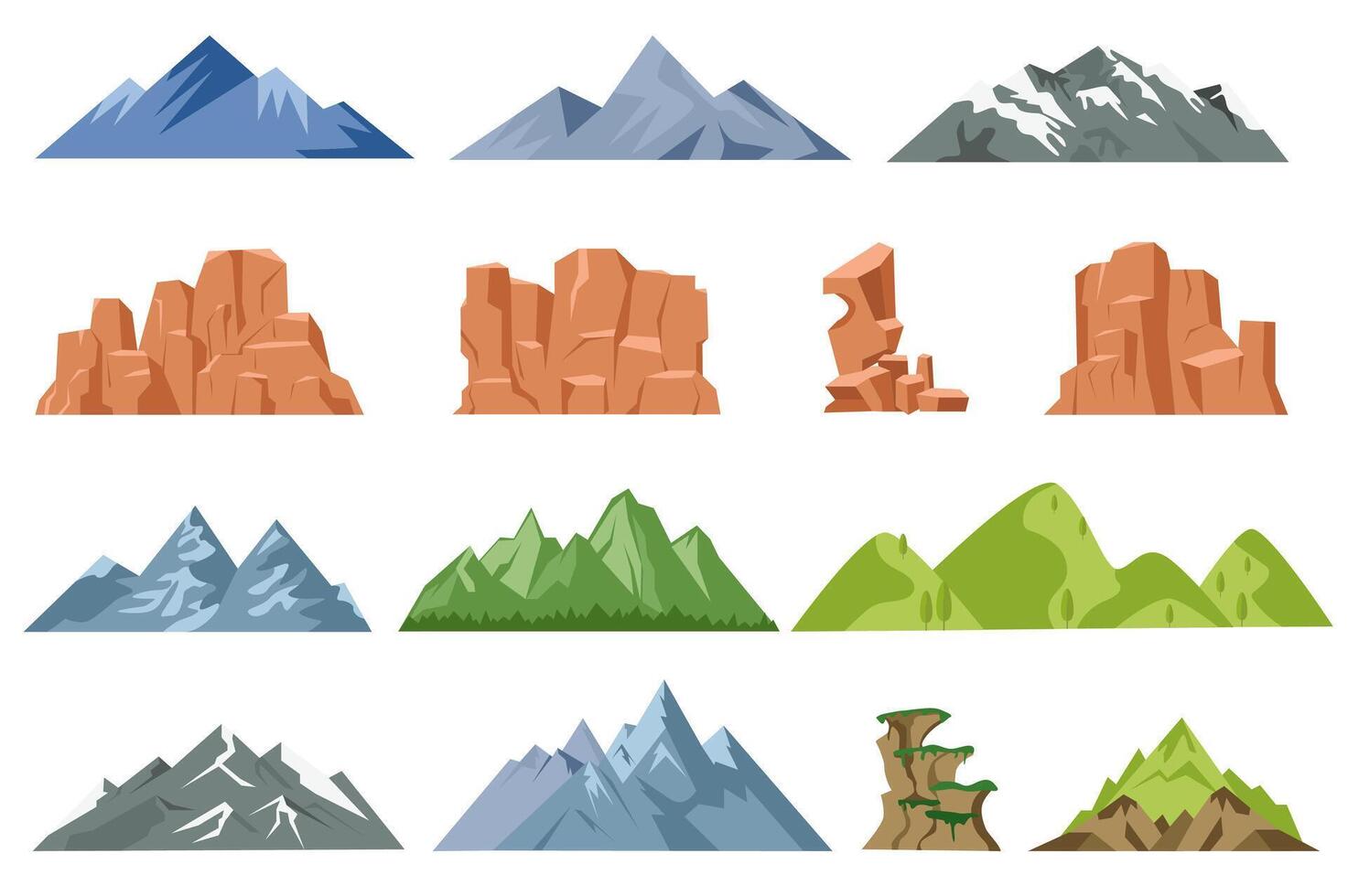 montagnes isolé graphique éléments ensemble dans plat conception. paquet de différent Montagne pics et rochers avec la glace ou vert les plantes. rocheux paysage symboles pour camping et randonnée. illustration. vecteur