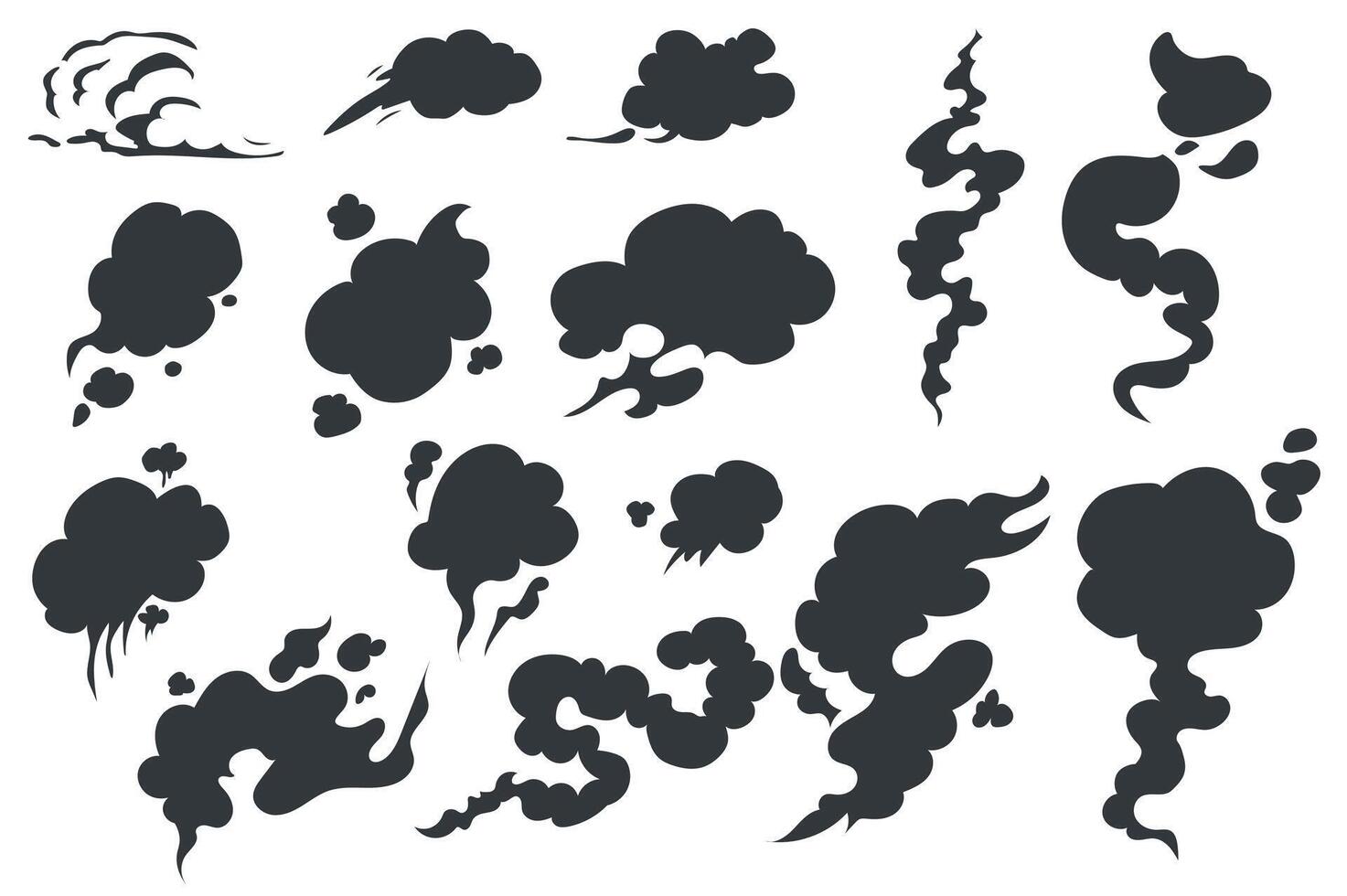 fumée silhouettes isolé graphique éléments ensemble dans plat conception. paquet de différent noir vapeur et vapeur formes, gaz odeur ou nuage textures, en mouvement vitesses dans bande dessinée style. illustration. vecteur