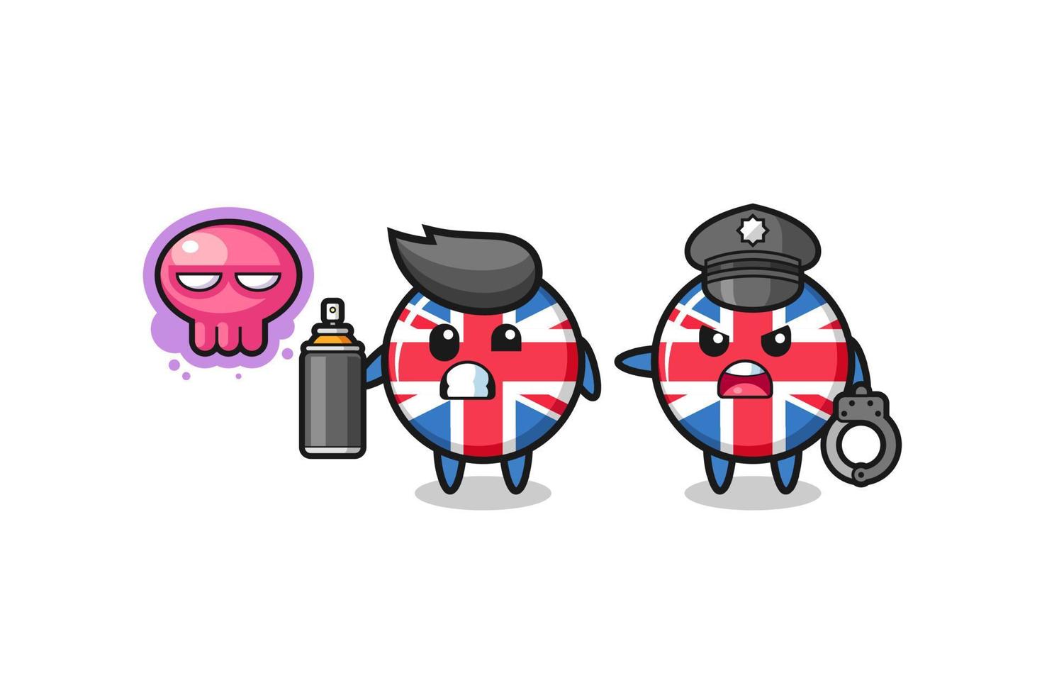 dessin animé du drapeau du royaume-uni faisant du vandalisme et attrapé par la police vecteur