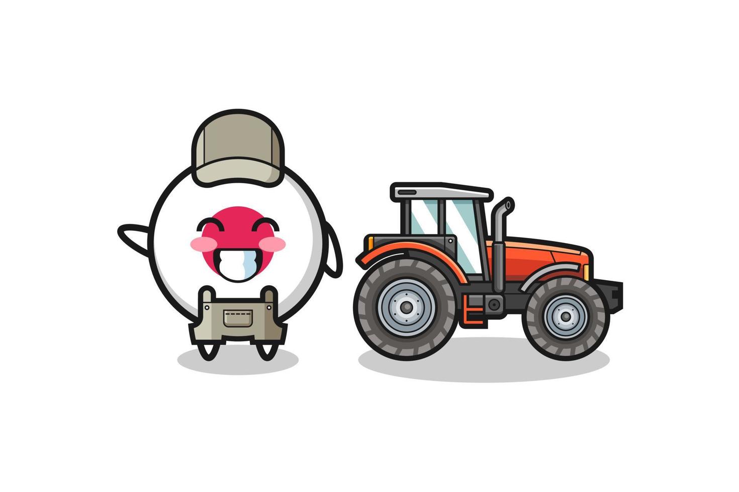 la mascotte d'agriculteur du drapeau du japon debout à côté d'un tracteur vecteur