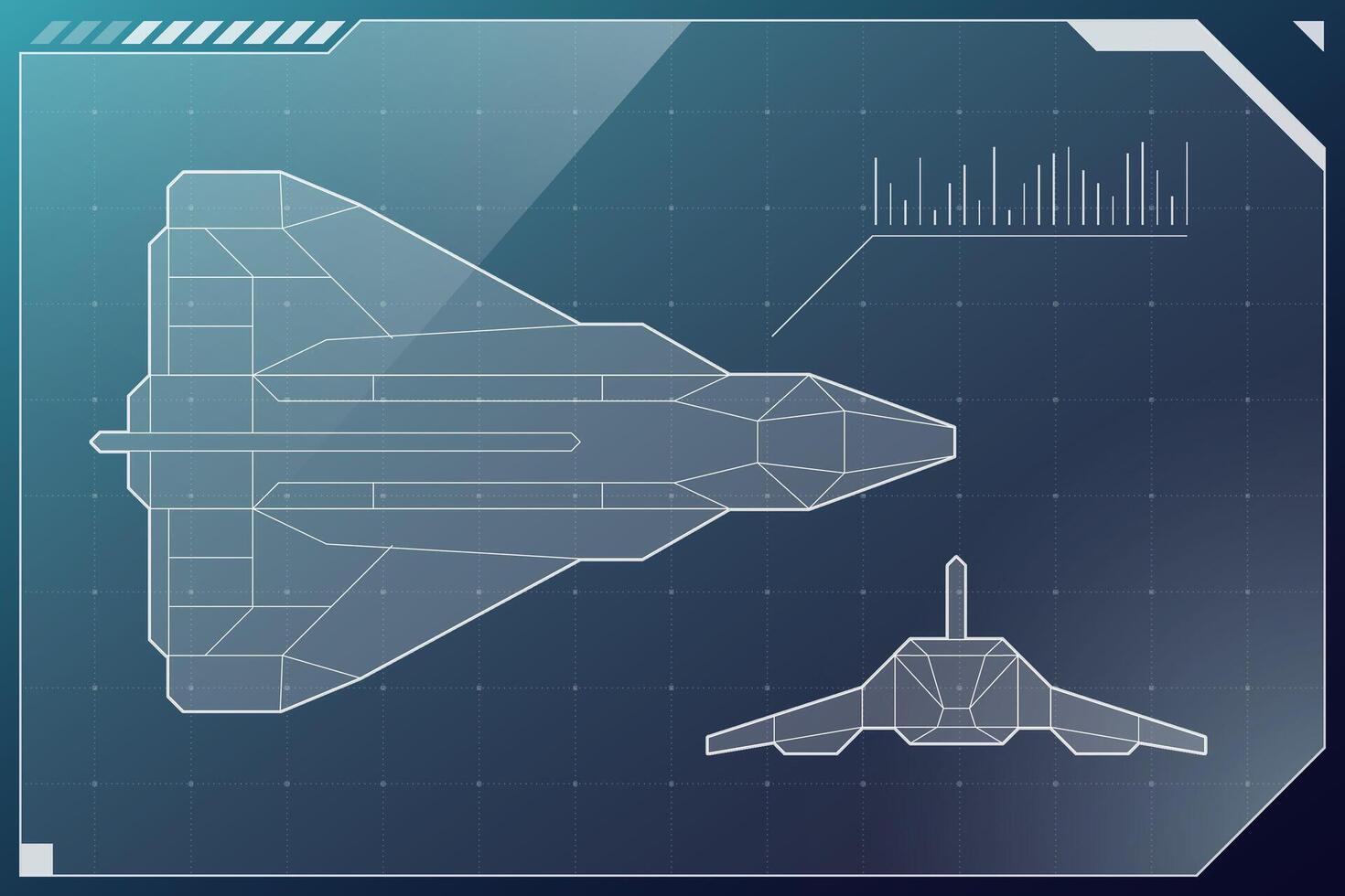 hud futuriste vaisseau schème. vaisseau spatial cockpit radar tableau de bord contrôle panneau. vaisseau spatial filaire fui tête en haut afficher. commander centre ui filtrer. gui sci Fi salut technologie numérique avion Navette Cadre vecteur