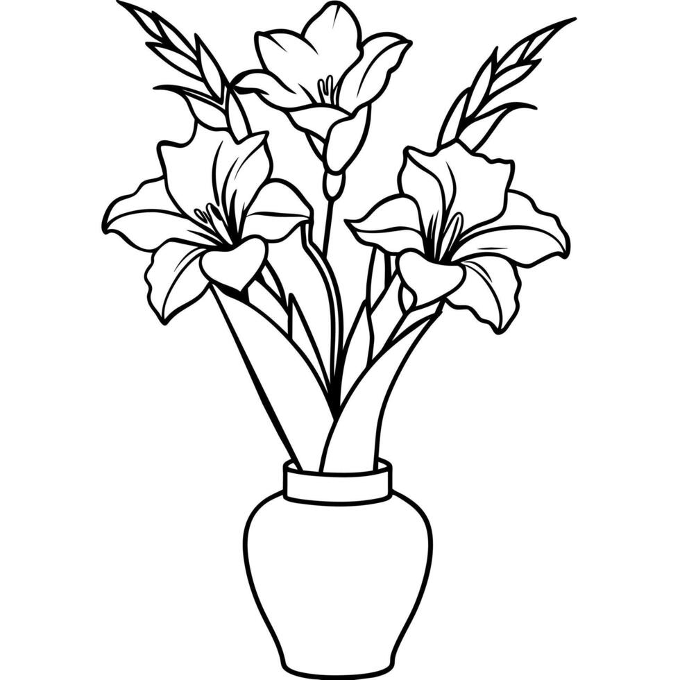 glaïeul fleur sur le vase contour illustration coloration livre page conception, glaïeul fleur sur le vase noir et blanc ligne art dessin coloration livre pages pour les enfants et adultes vecteur